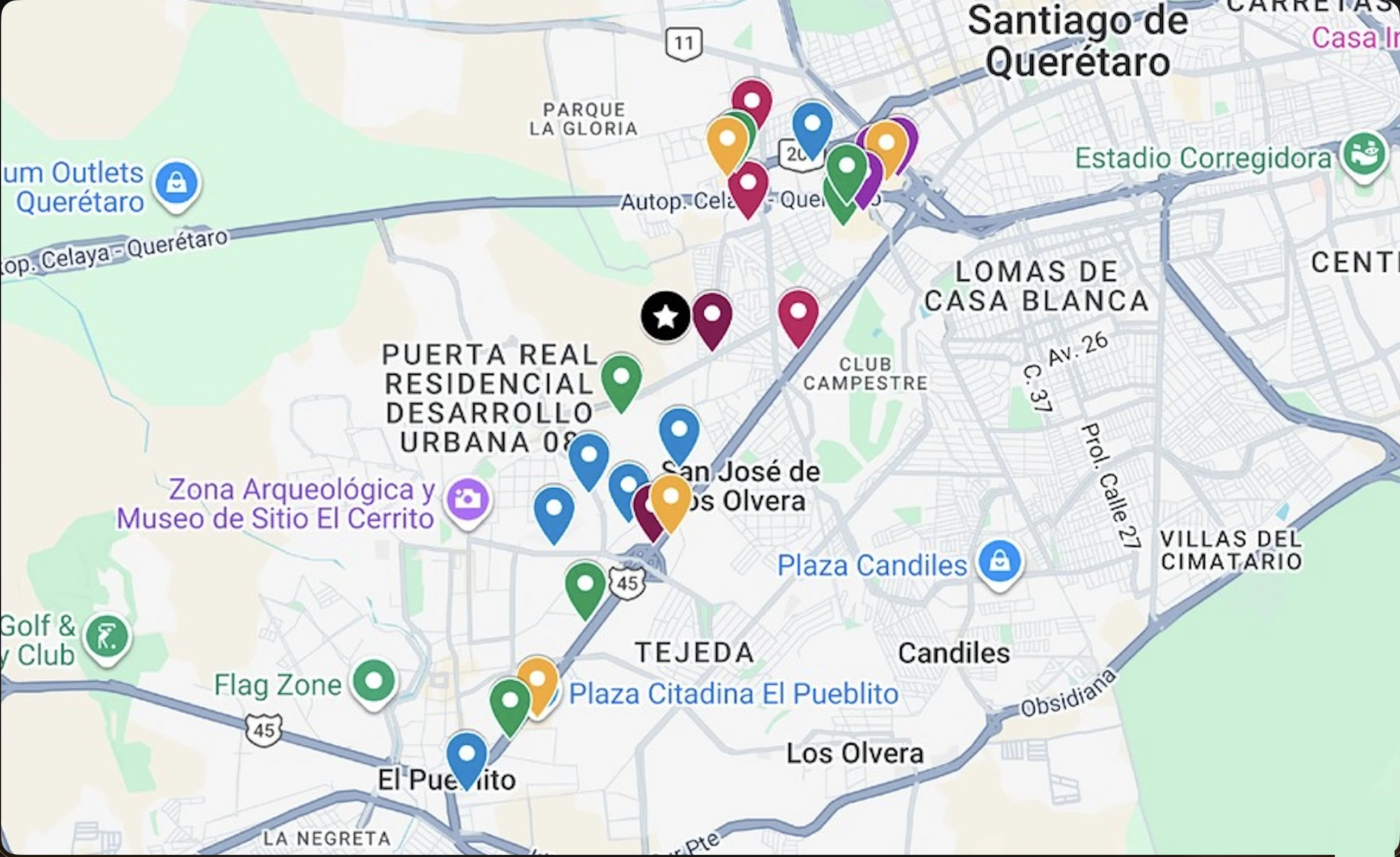 Mapa del entorno de Puerta San Miguel en Querétaro con puntos de interés cercanos